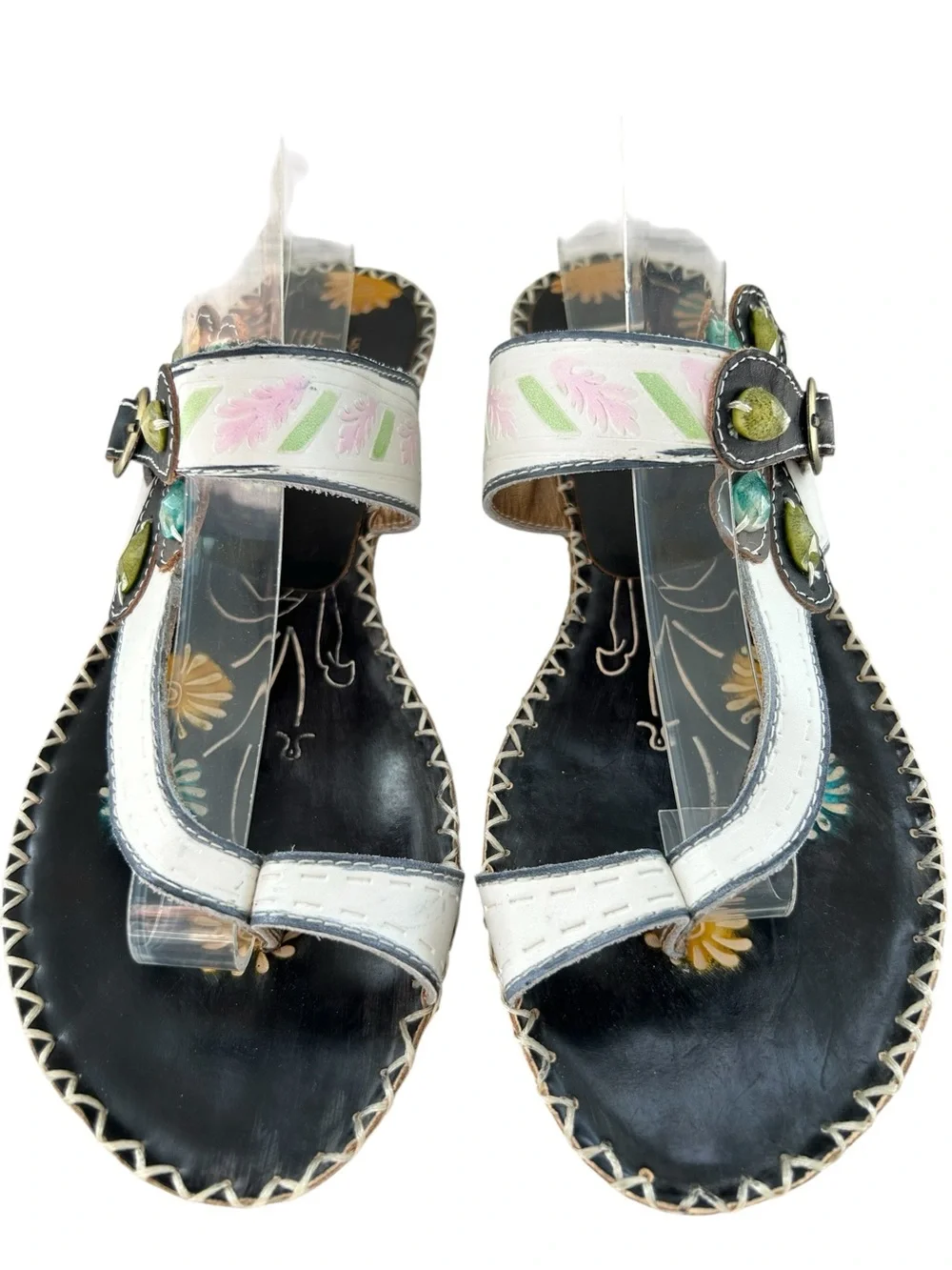L’ARTISTE by Springstep Santorini White Leather Floral Toe Loop Thong Sandals 40